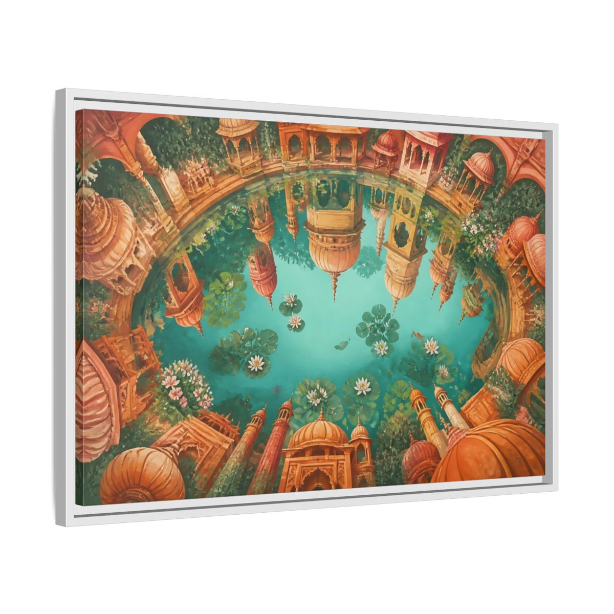 Side Mockup 10. Terracotta Temple Reflection shown as framed canvas print