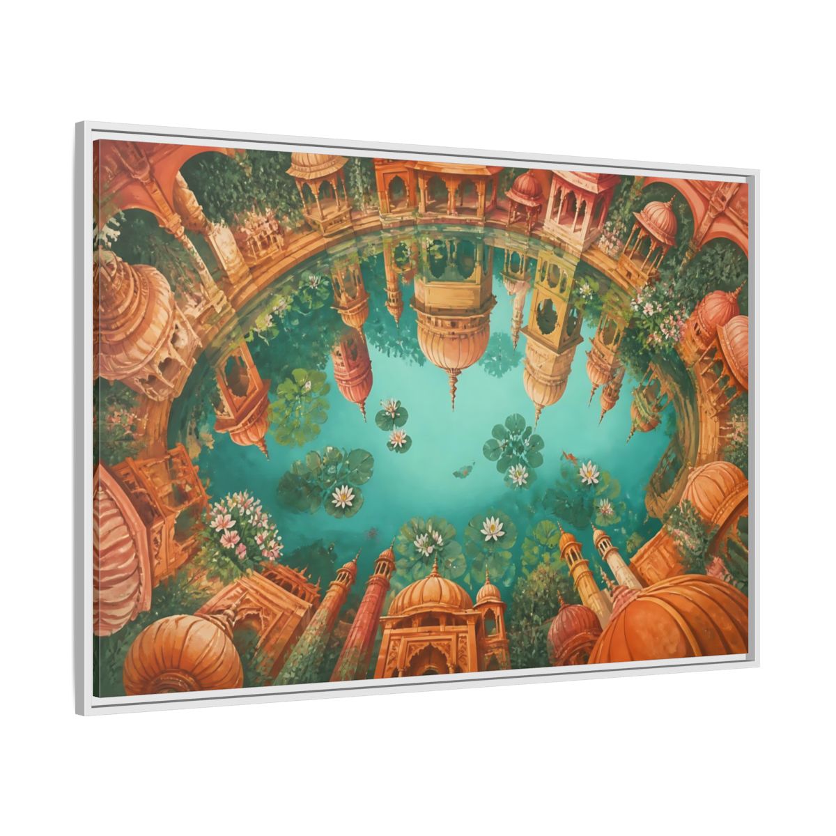 Side Mockup 7. Terracotta Temple Reflection shown as framed canvas print