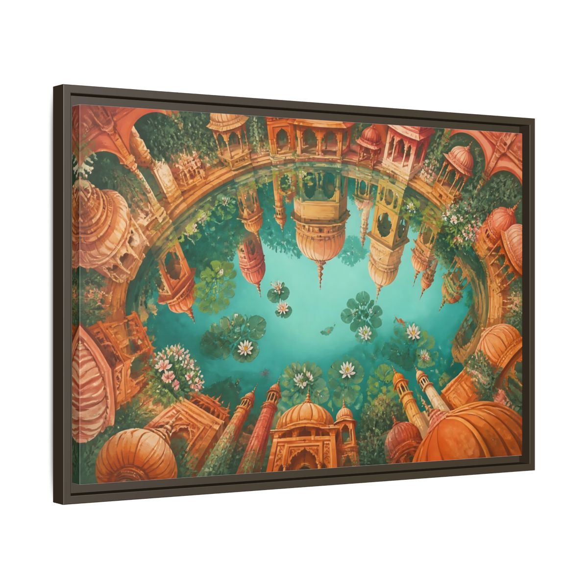 Side Mockup 11. Terracotta Temple Reflection shown as framed canvas print