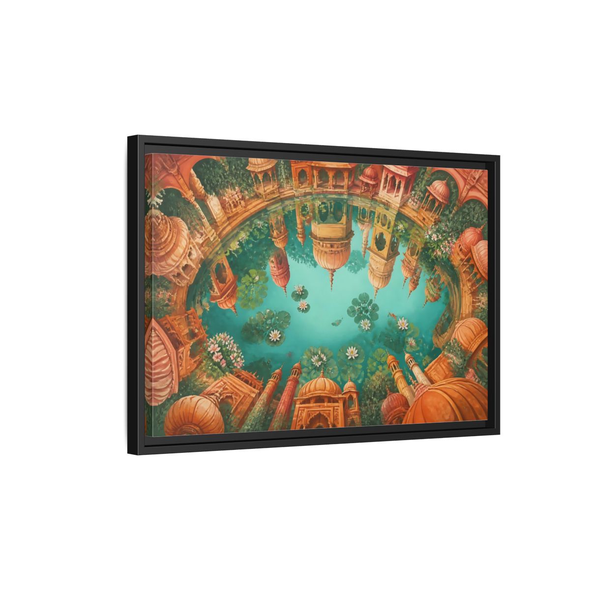 Side Mockup 3. Terracotta Temple Reflection shown as framed canvas print