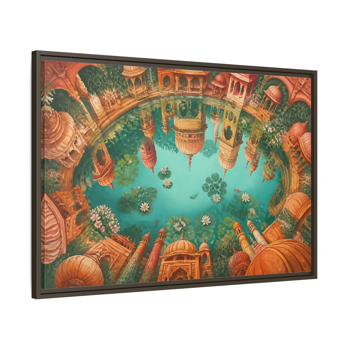 Main Mockup. Terracotta Temple Reflection shown as framed canvas print