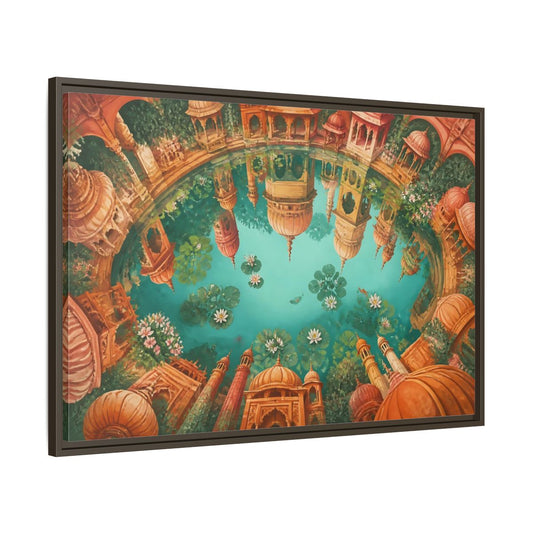 Main Mockup. Terracotta Temple Reflection shown as framed canvas print