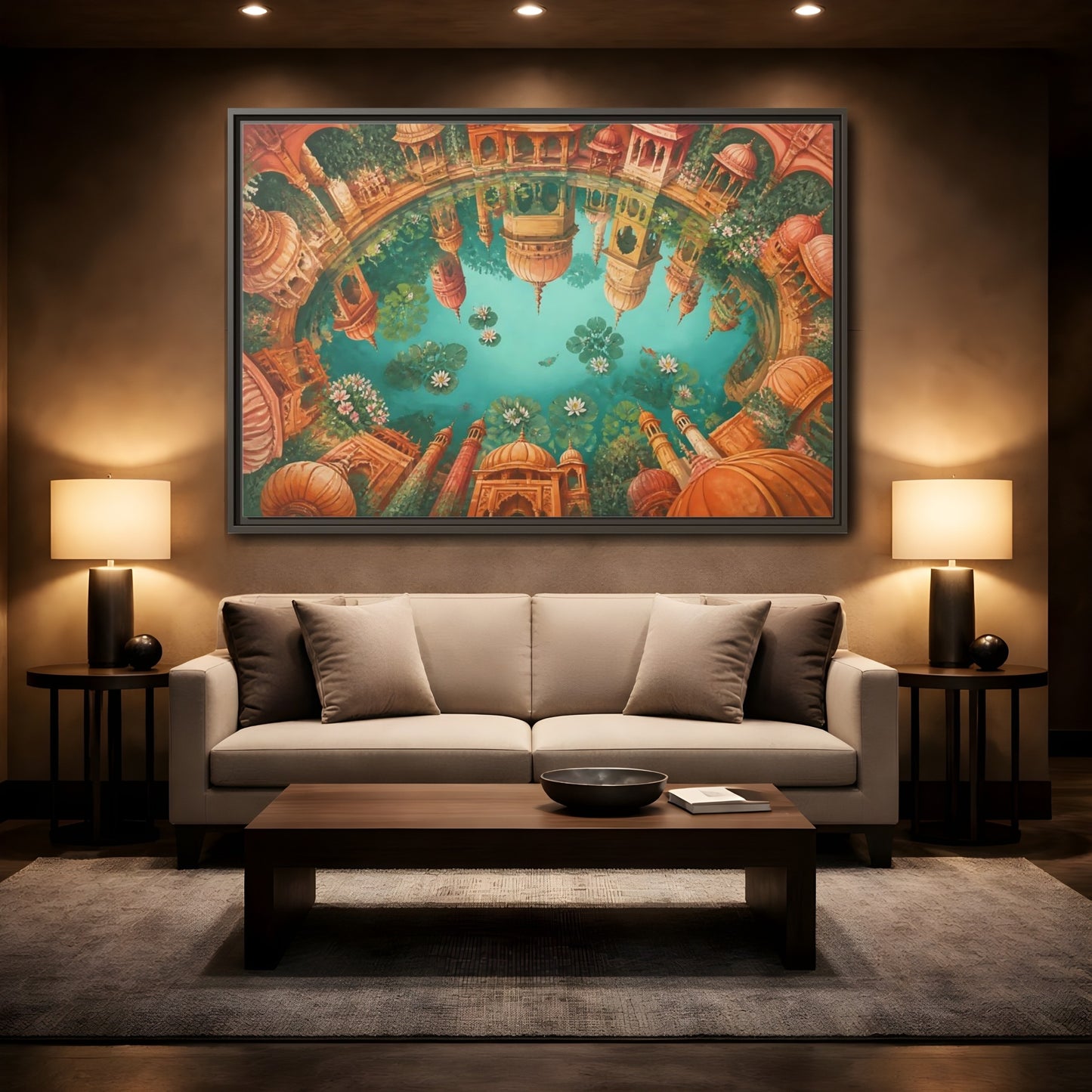 Mockup 2. Terracotta Temple Reflection shown as framed canvas print
