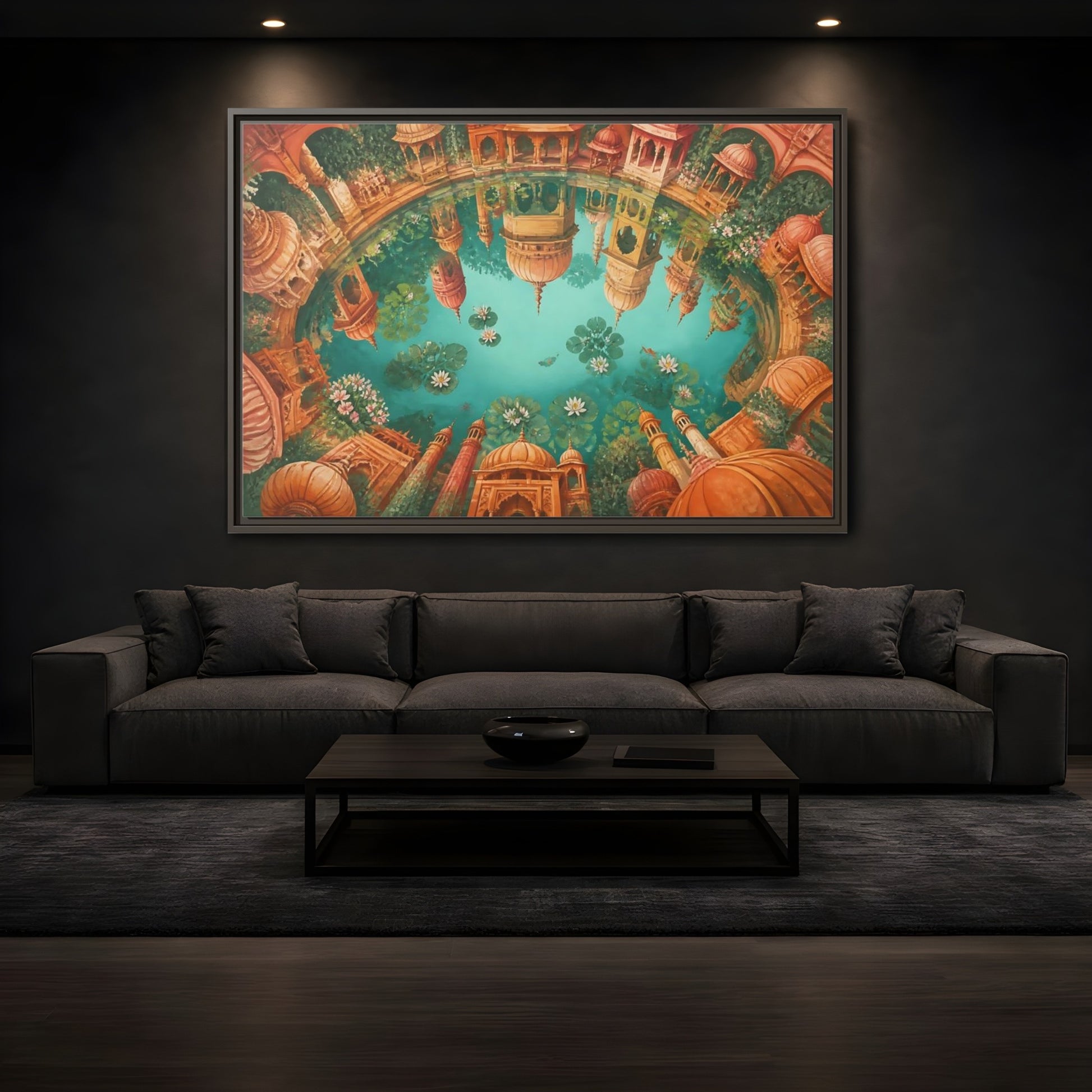 Mockup 3. Terracotta Temple Reflection shown as framed canvas print