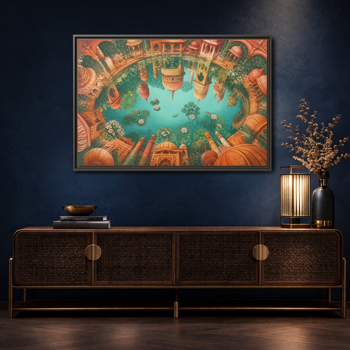 Mockup 4. Terracotta Temple Reflection shown as framed canvas print