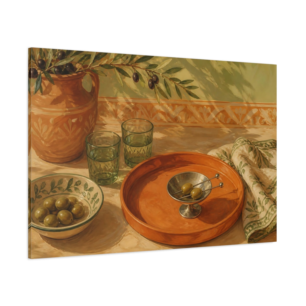 Side Mockup 1. Terracotta Tray With Olives shown as canvas print