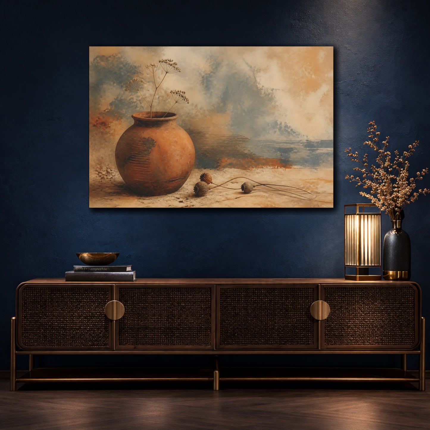 Mockup 4. Terracotta Vessel & Seedpods shown as canvas print