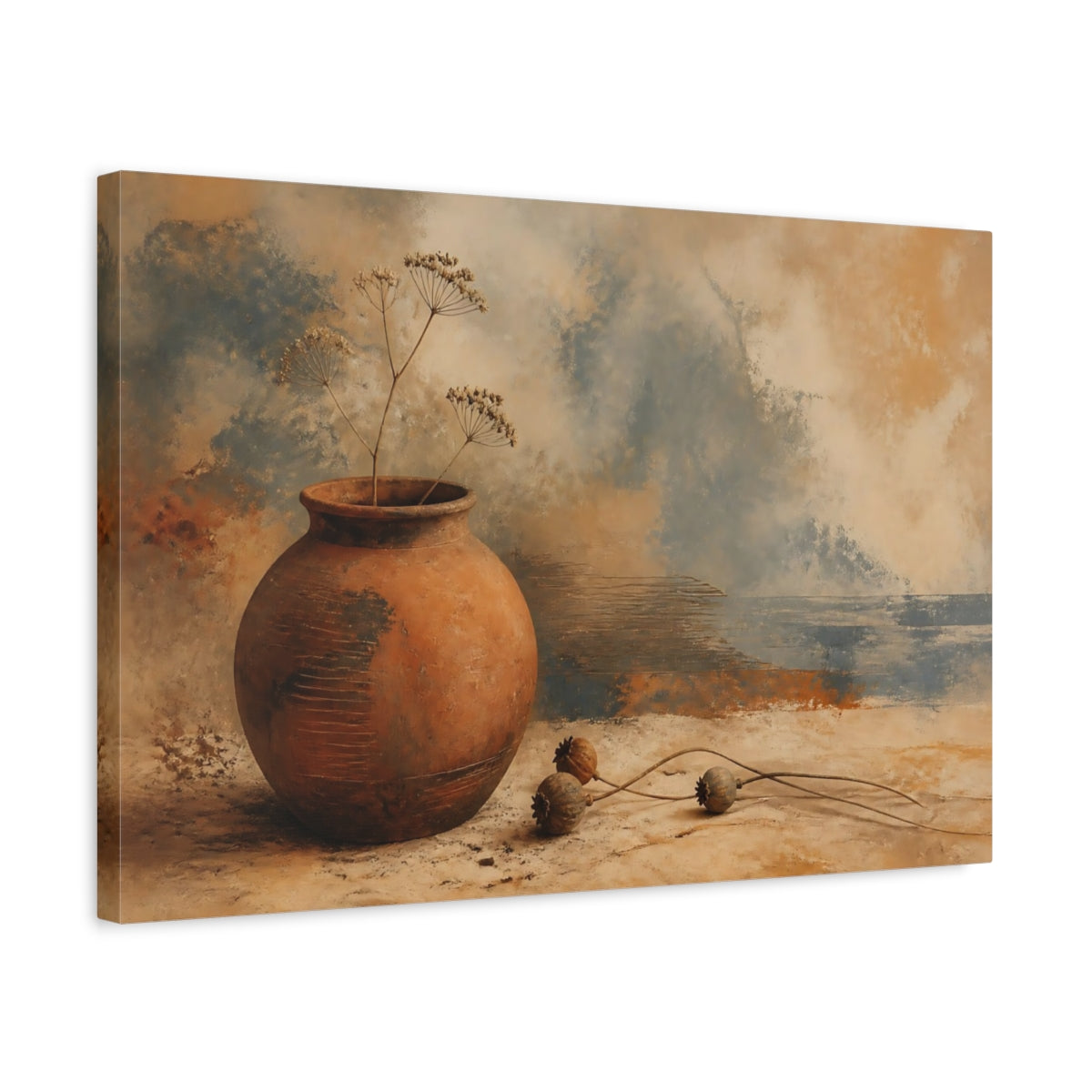 Side Mockup 3. Terracotta Vessel & Seedpods shown as canvas print