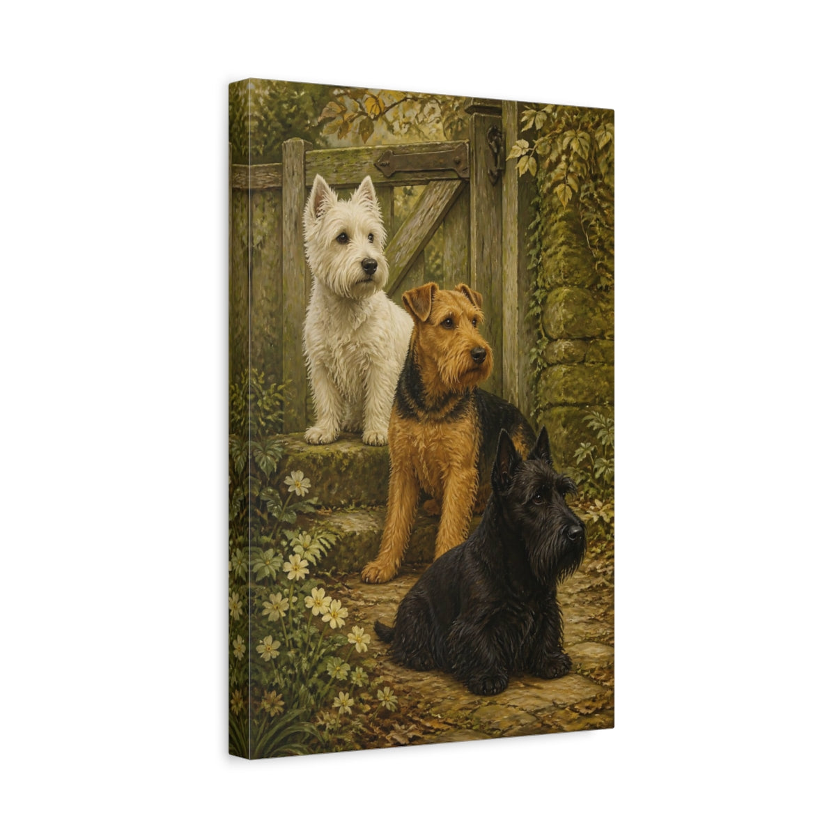 Side Mockup 4. Terrier Pets At Gate shown as canvas print