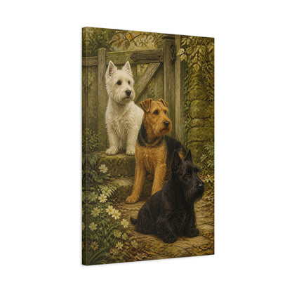 Side Mockup 2. Terrier Pets At Gate shown as canvas print