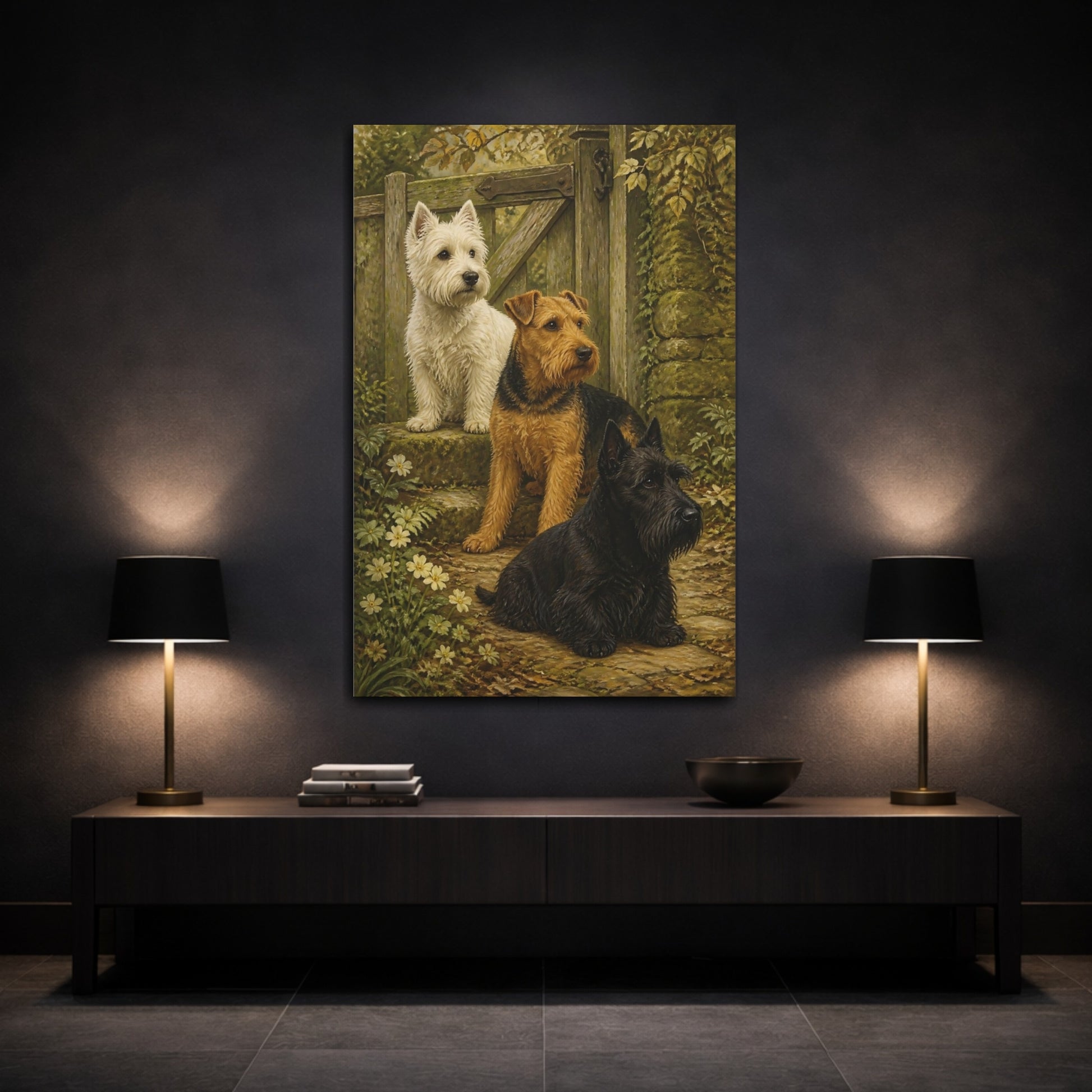 Mockup 3. Terrier Pets At Gate shown as canvas print