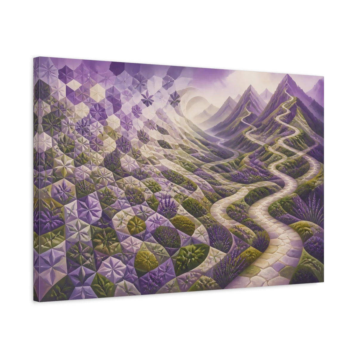 Side Mockup 2. Tessellated Lavender Pathway shown as canvas print