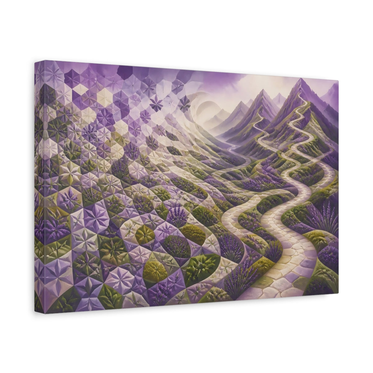 Side Mockup 4. Tessellated Lavender Pathway shown as canvas print