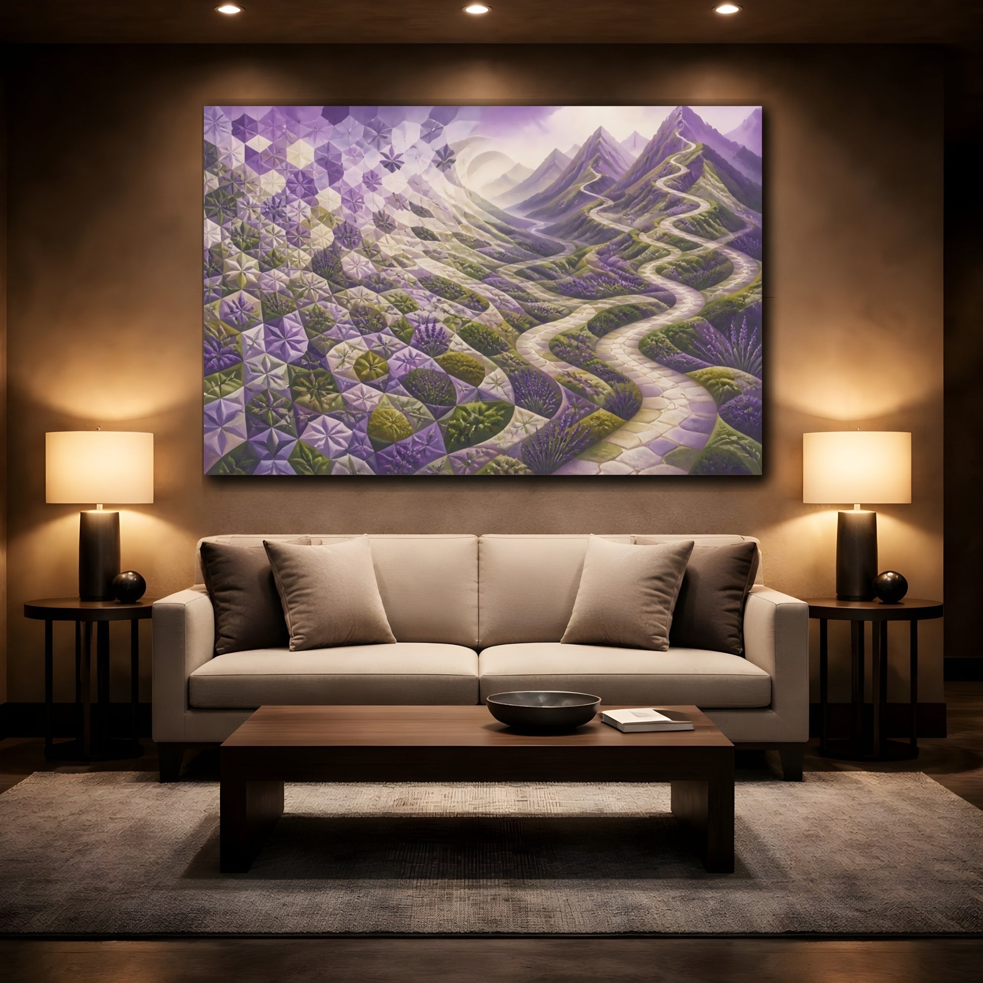 Mockup 2. Tessellated Lavender Pathway shown as canvas print