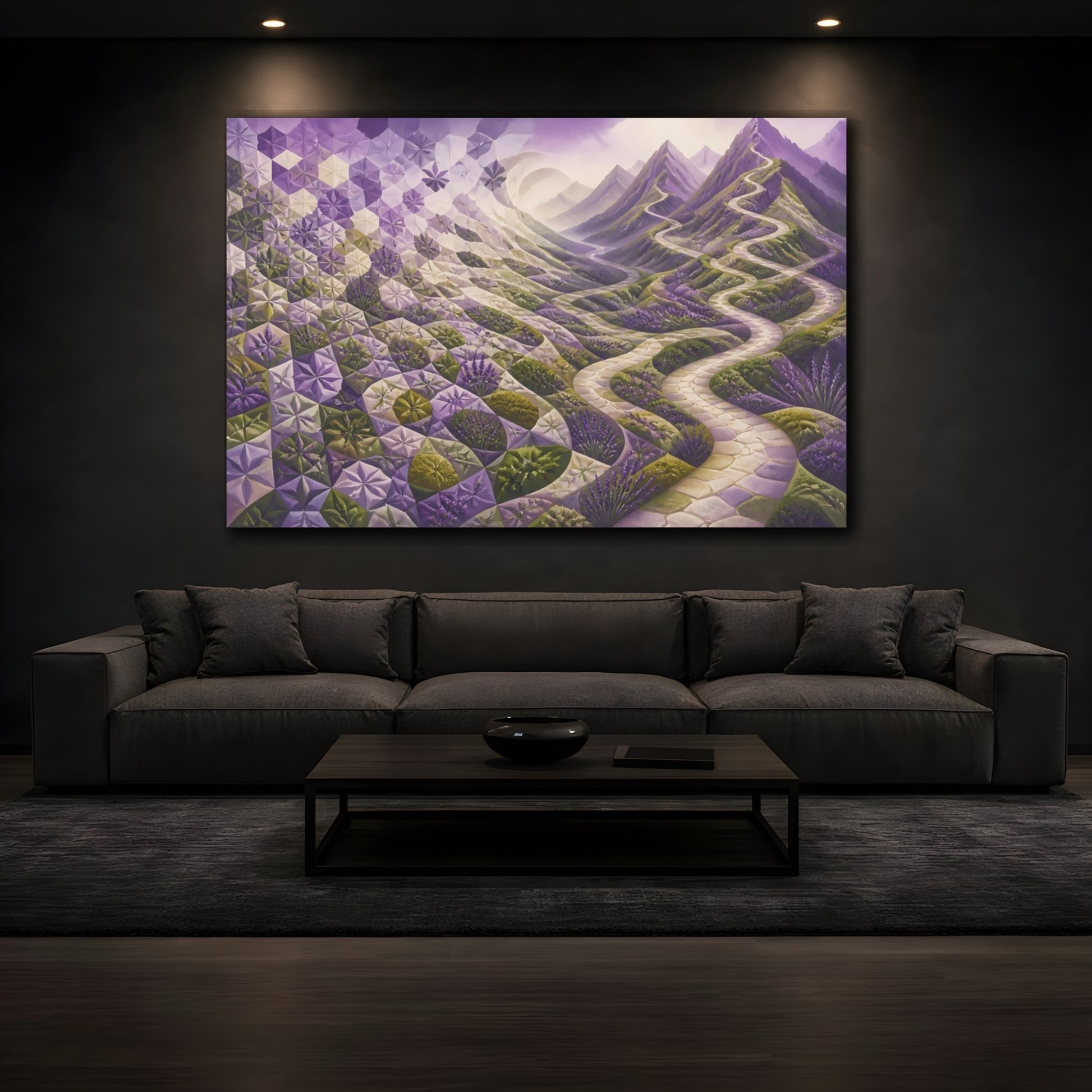 Mockup 3. Tessellated Lavender Pathway shown as canvas print