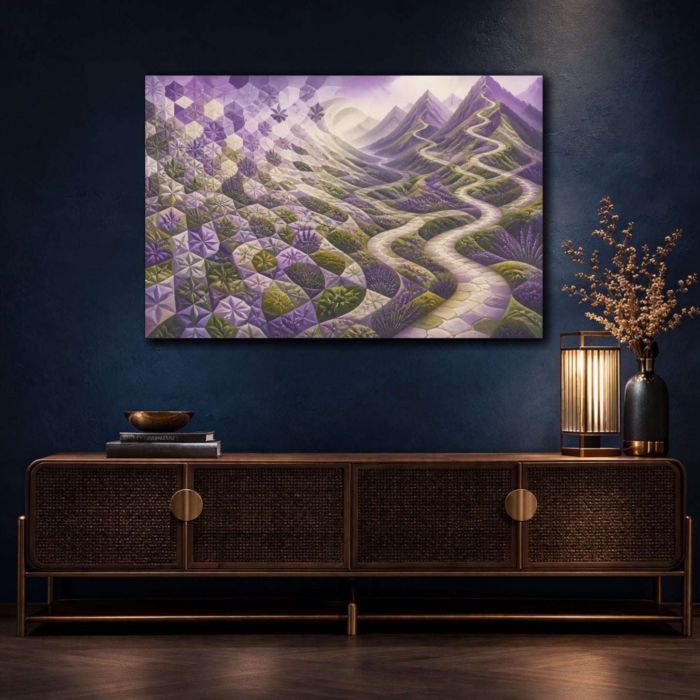 Mockup 4. Tessellated Lavender Pathway shown as canvas print