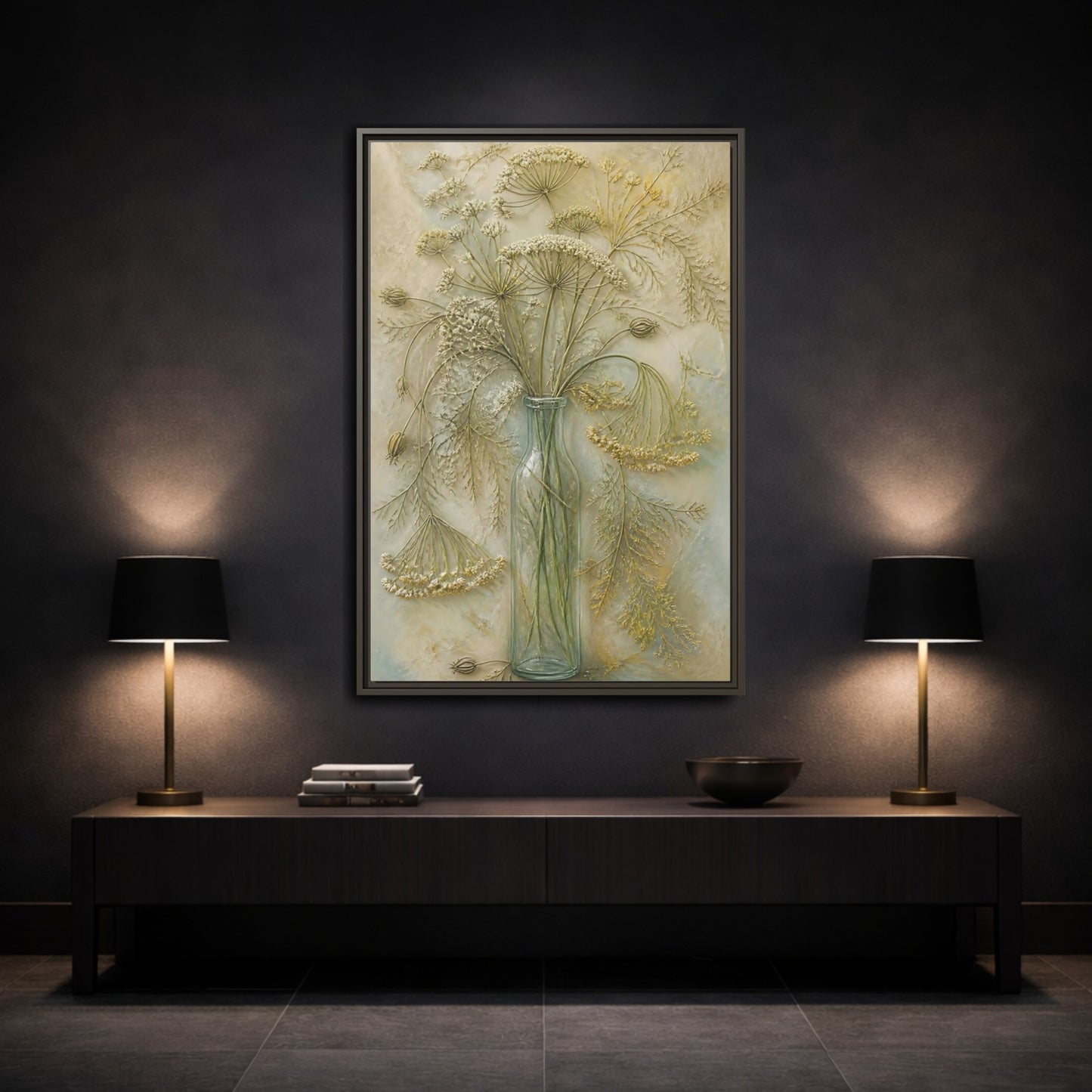 Mockup 3. Textured Wildflower Vase shown as framed canvas print
