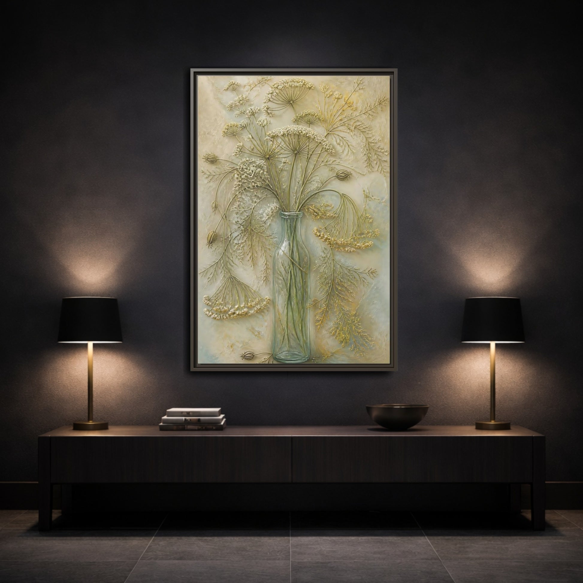 Mockup 3. Textured Wildflower Vase shown as framed canvas print