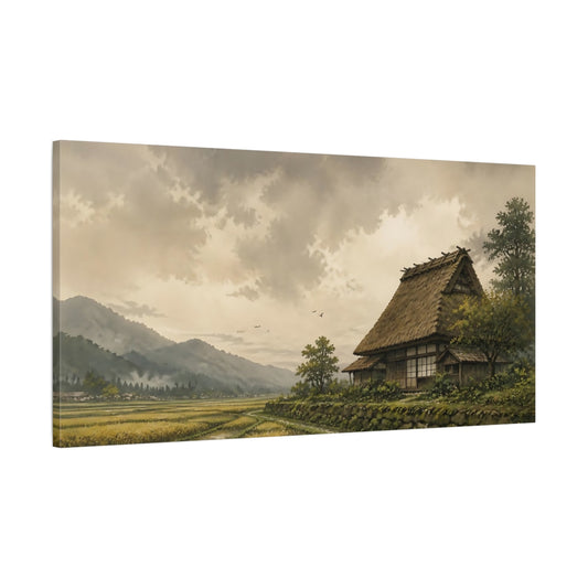 Main Mockup. Thatched House By Rice Fields shown as canvas print