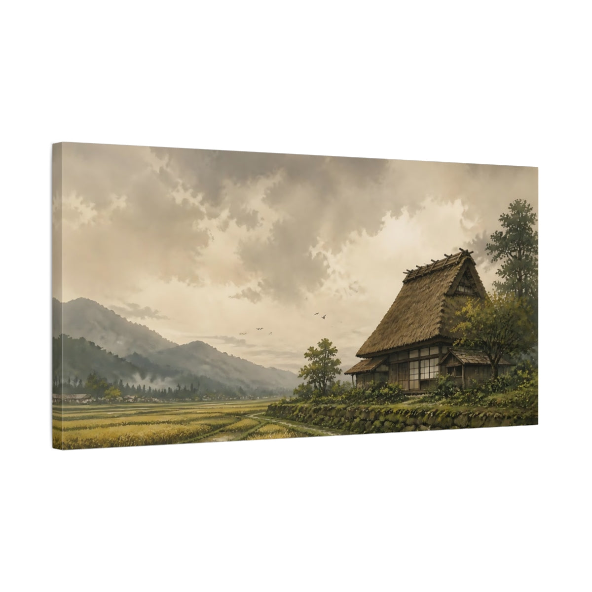 Side Mockup 1. Thatched House By Rice Fields shown as canvas print