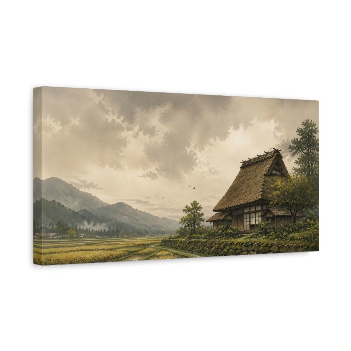 Side Mockup 3. Thatched House By Rice Fields shown as canvas print