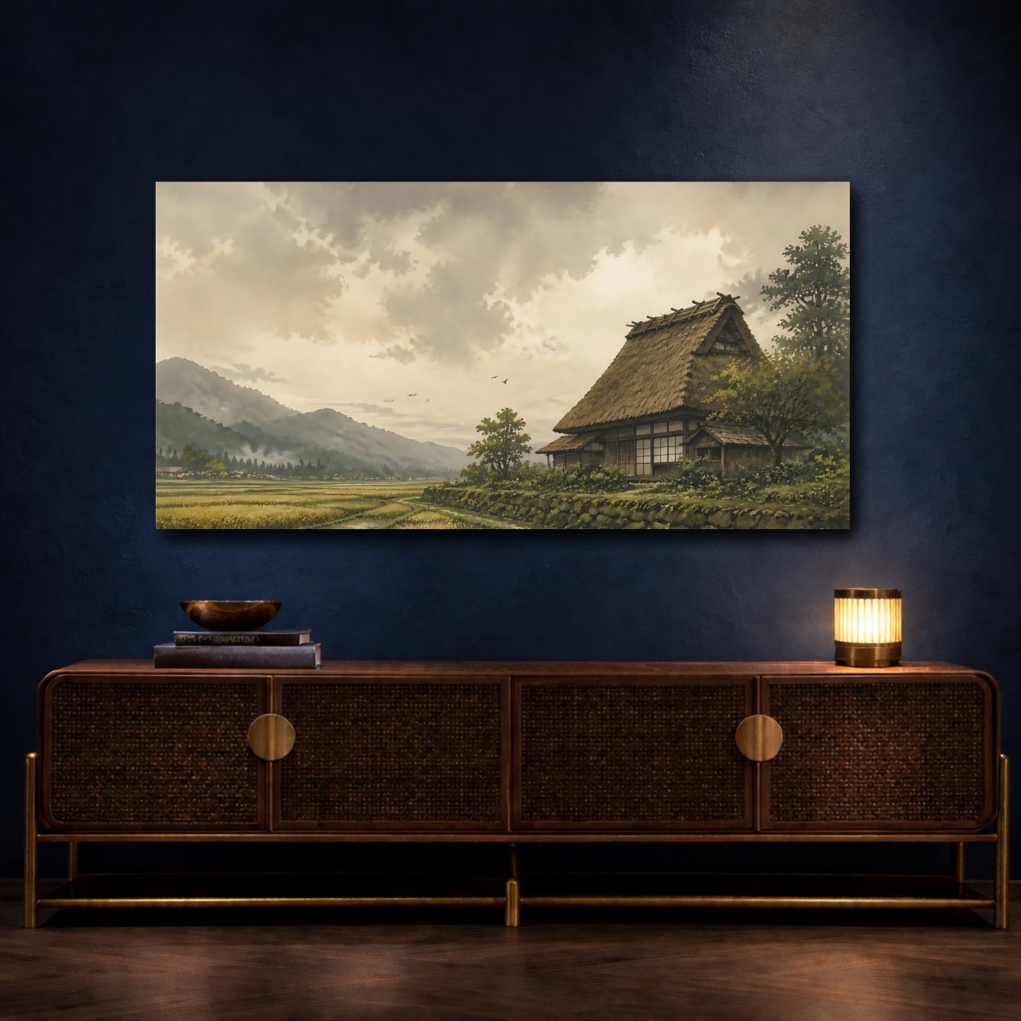 Mockup 4. Thatched House By Rice Fields shown as canvas print