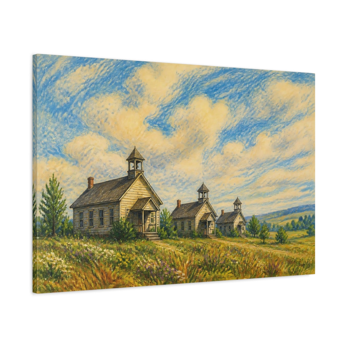 Main Mockup. Three Country Schoolhouses shown as canvas print