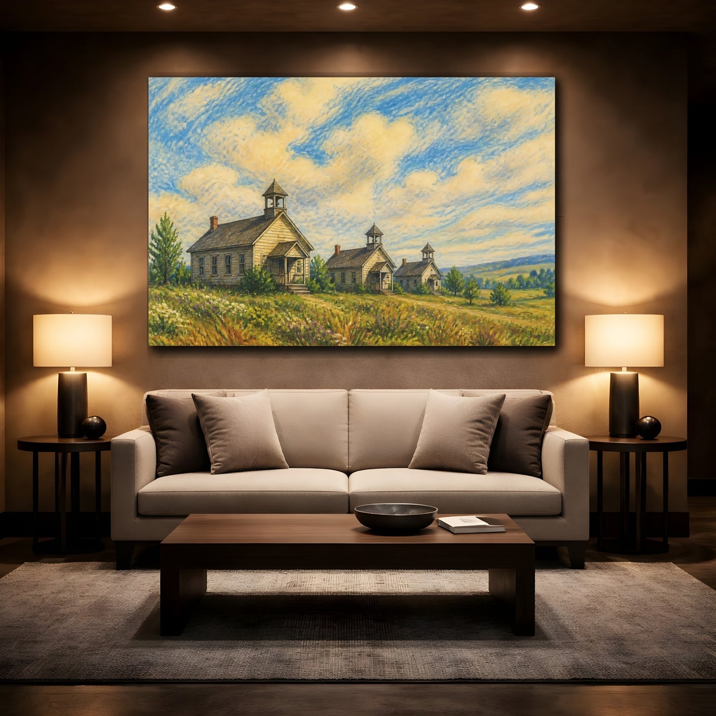 Mockup 2. Three Country Schoolhouses shown as canvas print