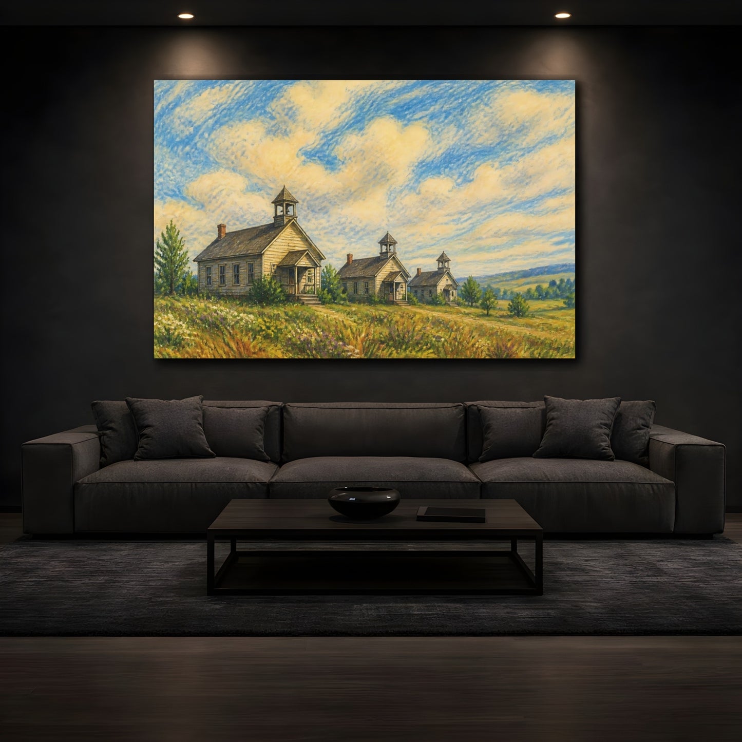 Mockup 3. Three Country Schoolhouses shown as canvas print