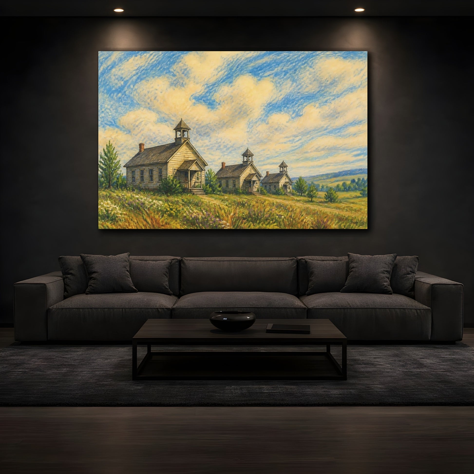 Mockup 3. Three Country Schoolhouses shown as canvas print