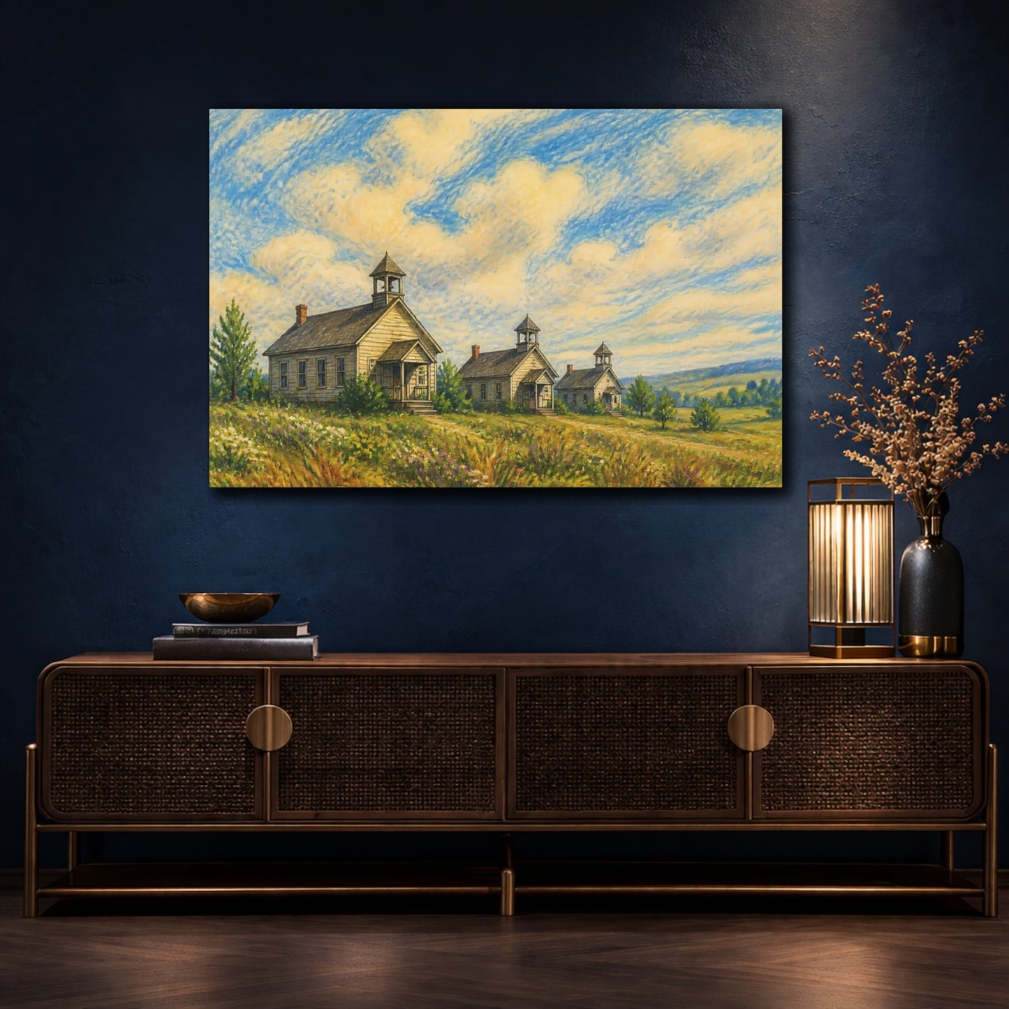 Mockup 4. Three Country Schoolhouses shown as canvas print