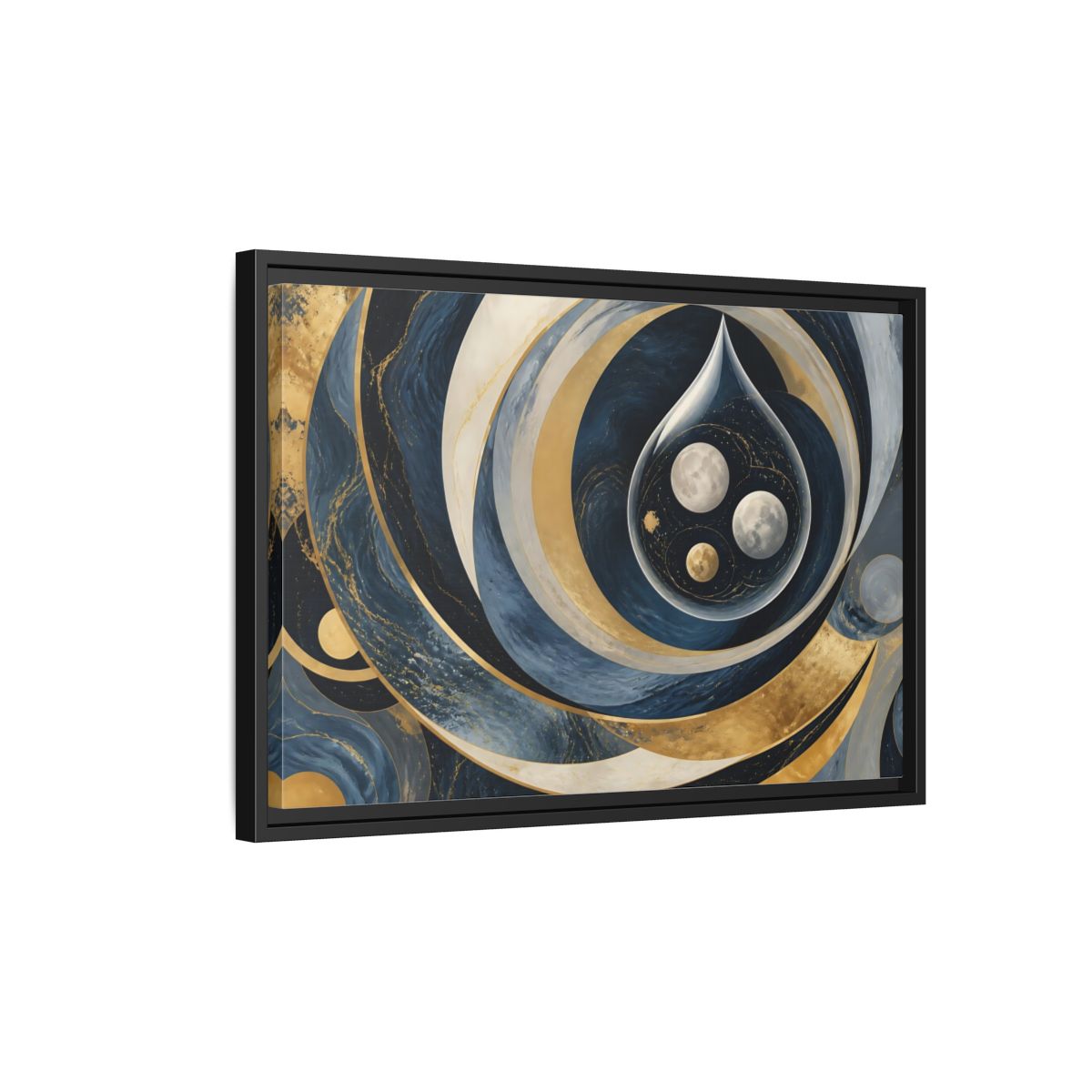 Side Mockup 3. Three Moons In Droplet shown as framed canvas print