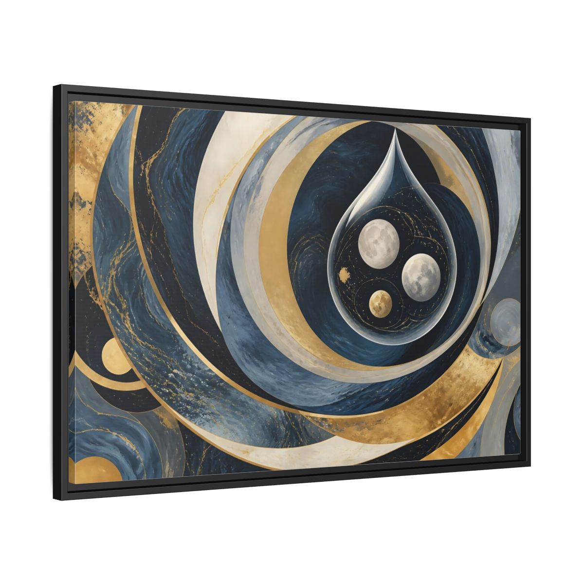 Side Mockup 13. Three Moons In Droplet shown as framed canvas print