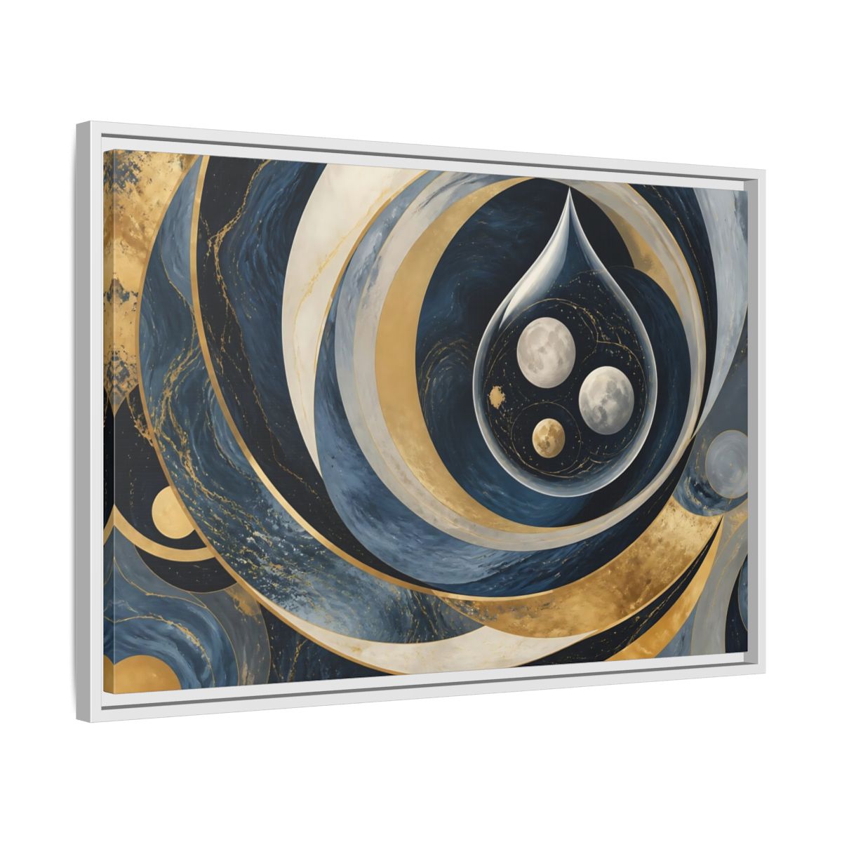 Side Mockup 10. Three Moons In Droplet shown as framed canvas print