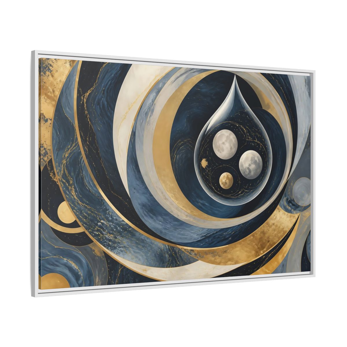 Side Mockup 7. Three Moons In Droplet shown as framed canvas print