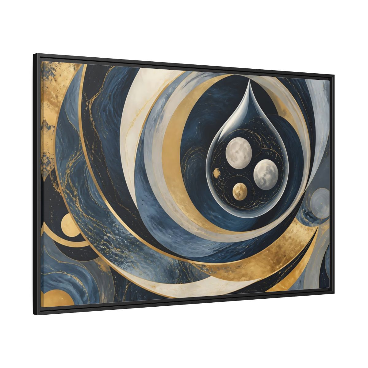 Side Mockup 12. Three Moons In Droplet shown as framed canvas print