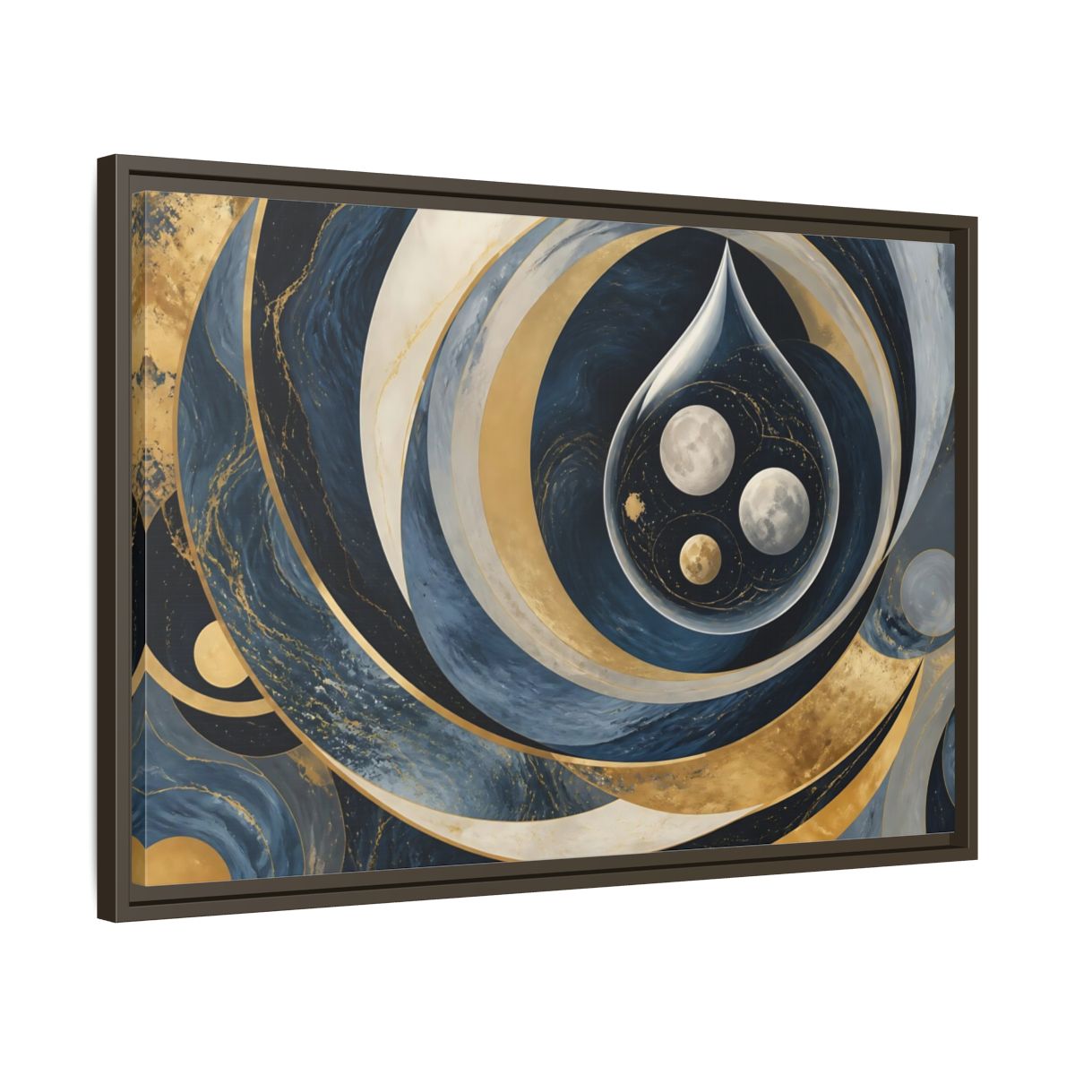 Side Mockup 11. Three Moons In Droplet shown as framed canvas print