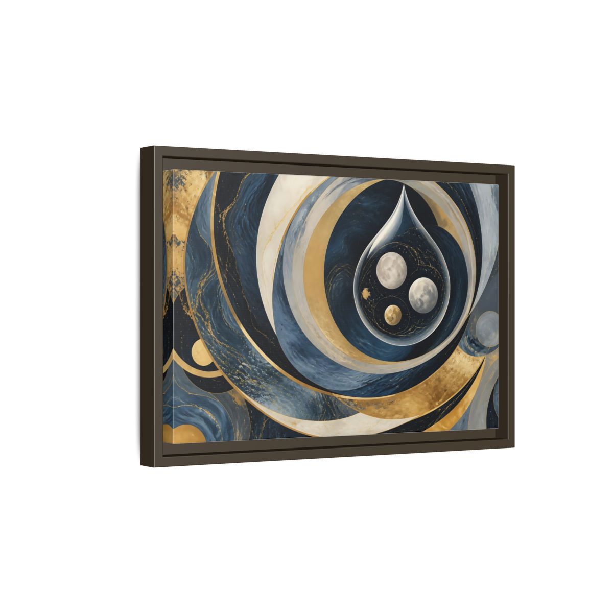 Side Mockup 5. Three Moons In Droplet shown as framed canvas print