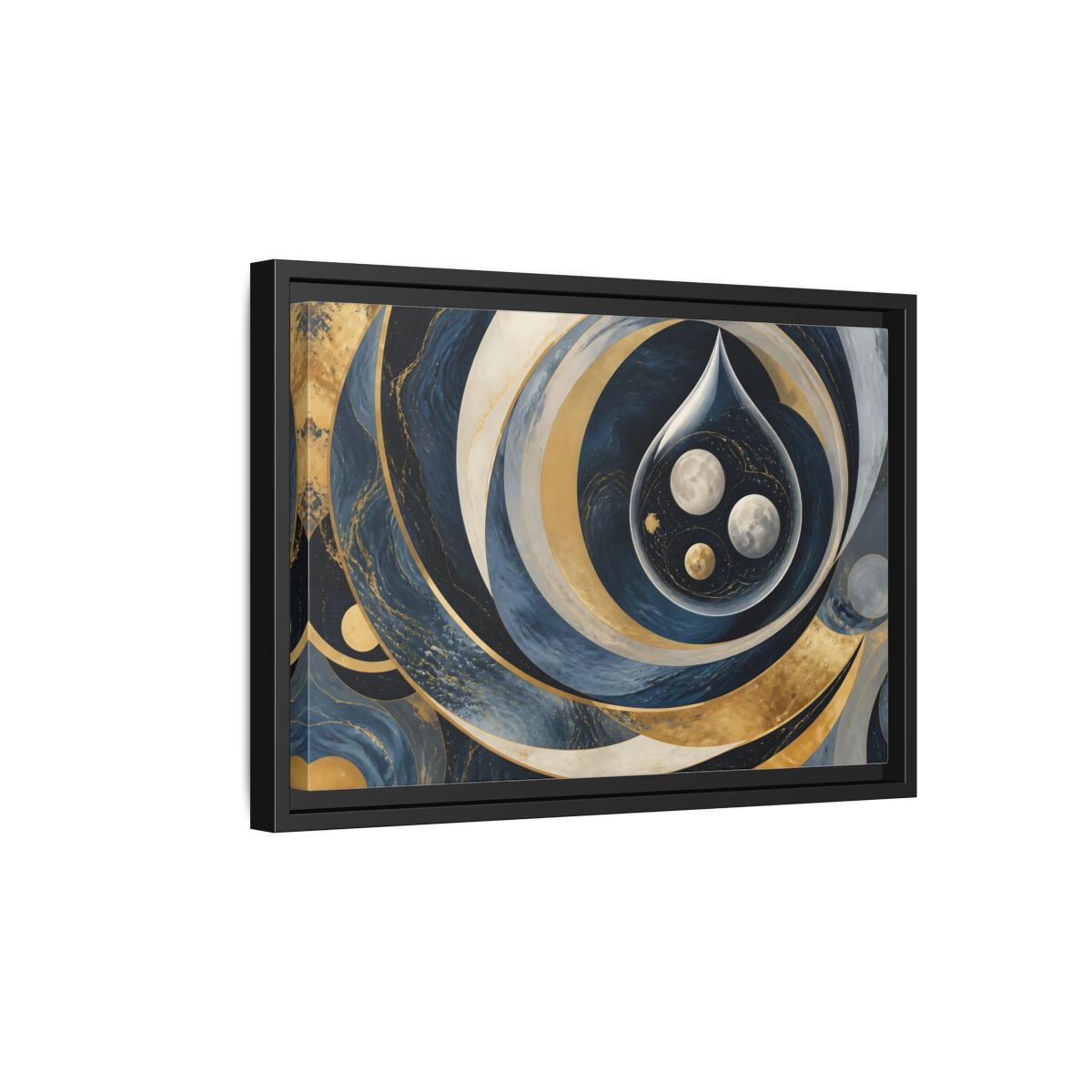 Side Mockup 6. Three Moons In Droplet shown as framed canvas print