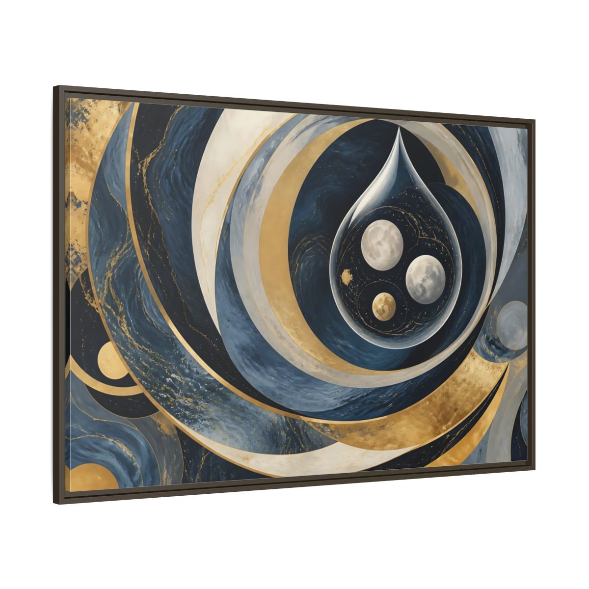 Side Mockup 8. Three Moons In Droplet shown as framed canvas print