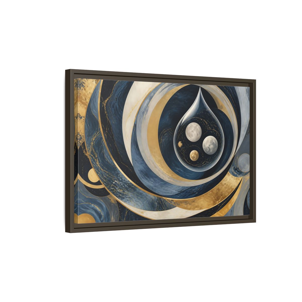 Side Mockup 2. Three Moons In Droplet shown as framed canvas print