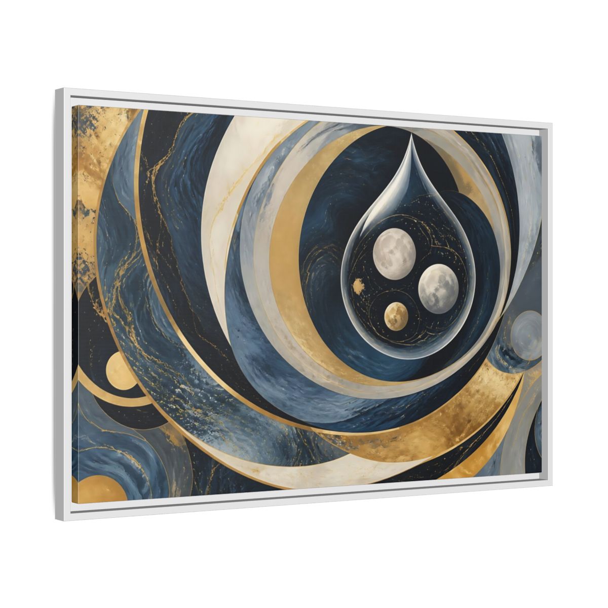 Side Mockup 9. Three Moons In Droplet shown as framed canvas print