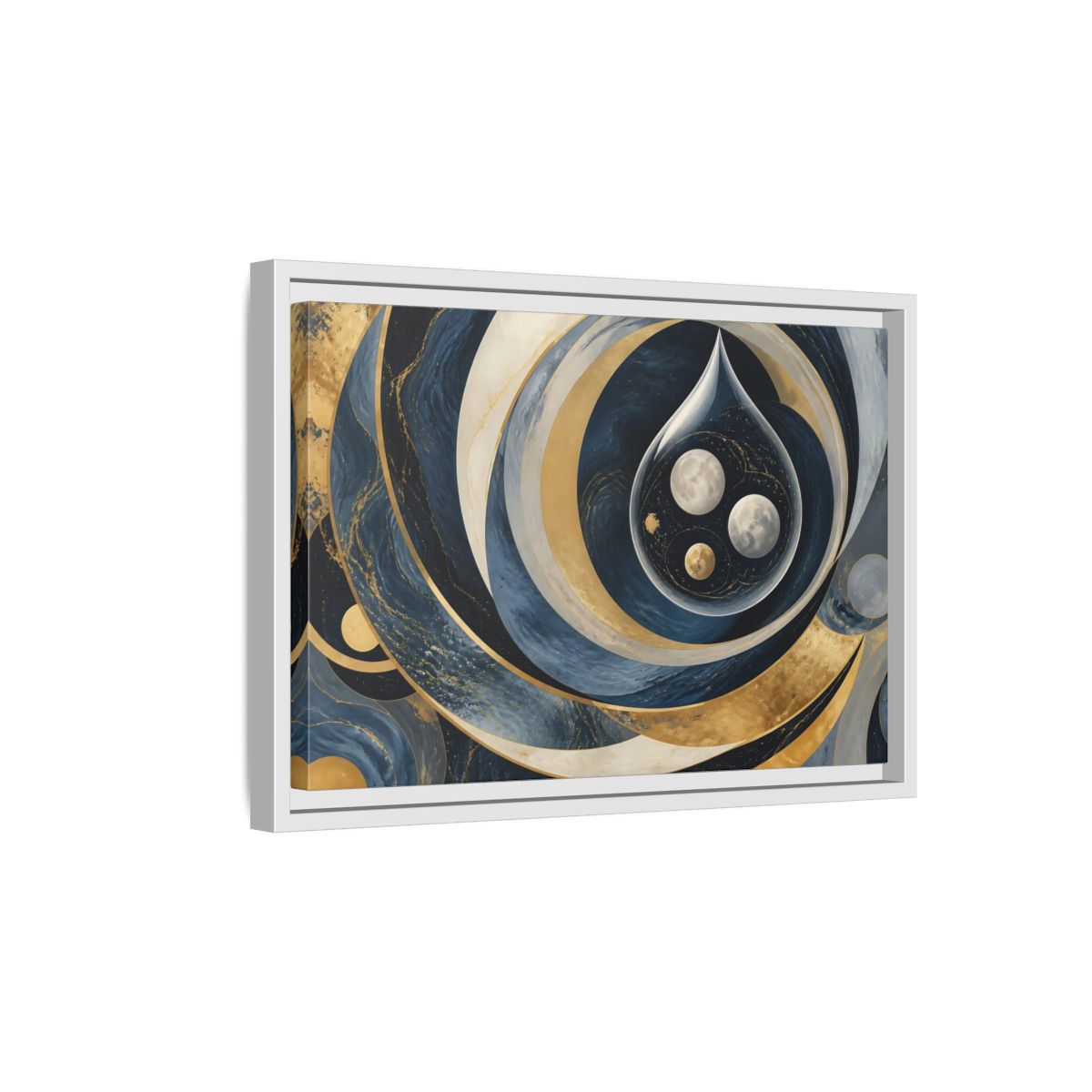 Side Mockup 4. Three Moons In Droplet shown as framed canvas print