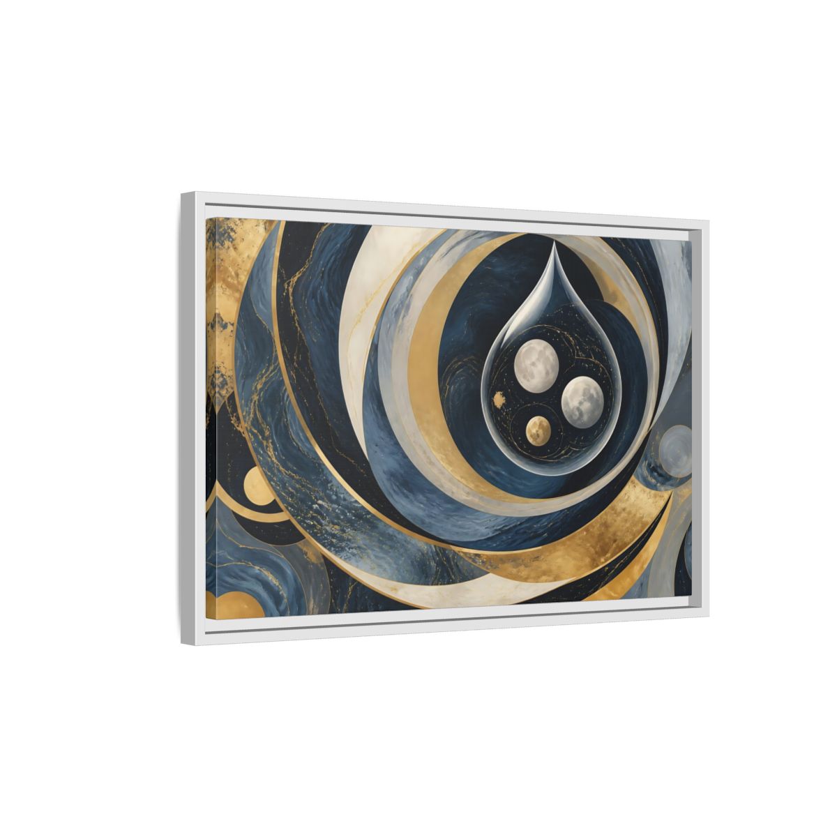 Side Mockup 1. Three Moons In Droplet shown as framed canvas print