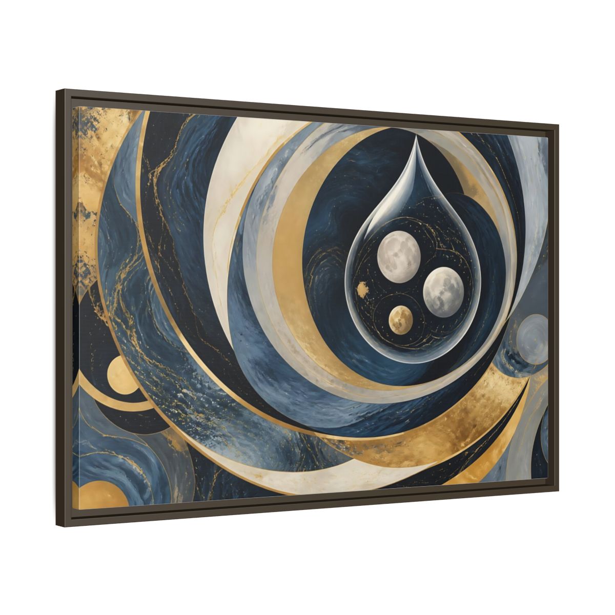 Main Mockup. Three Moons In Droplet shown as framed canvas print