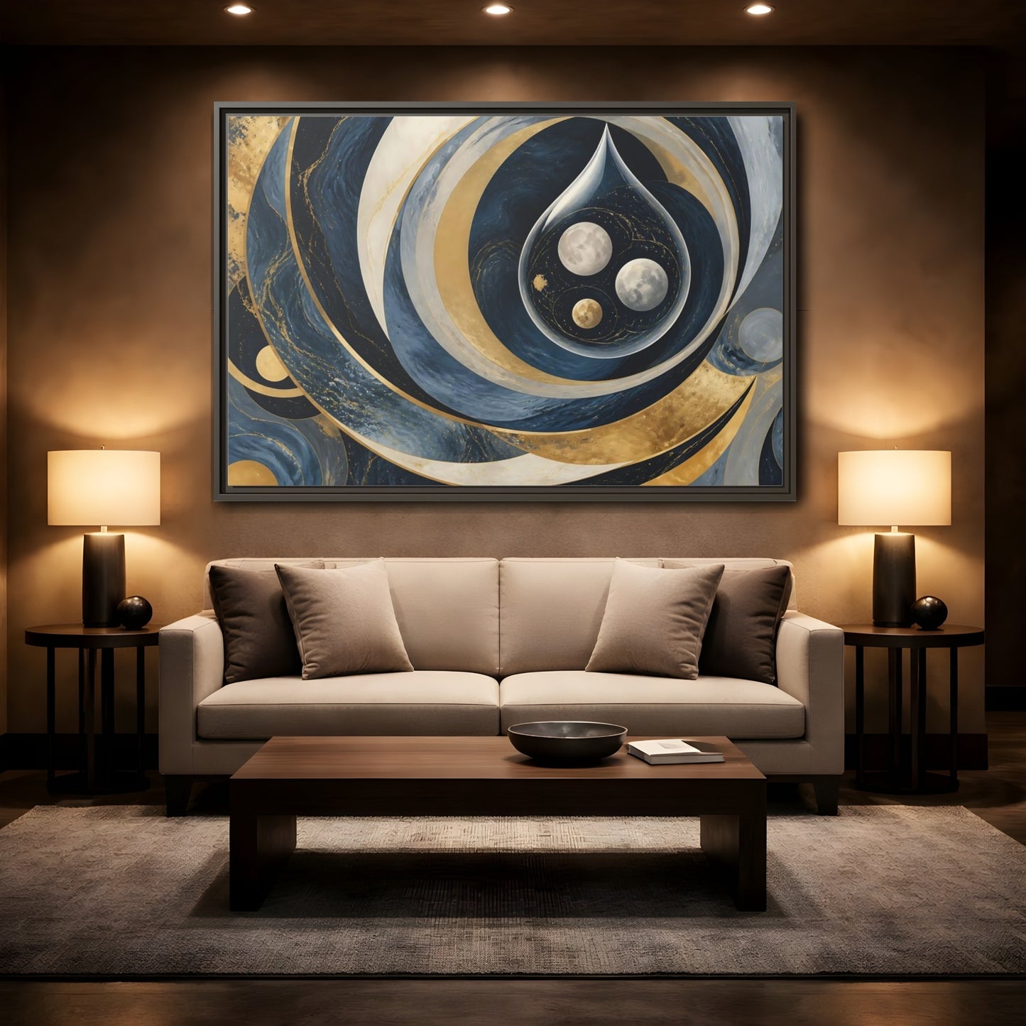 Mockup 2. Three Moons In Droplet shown as framed canvas print