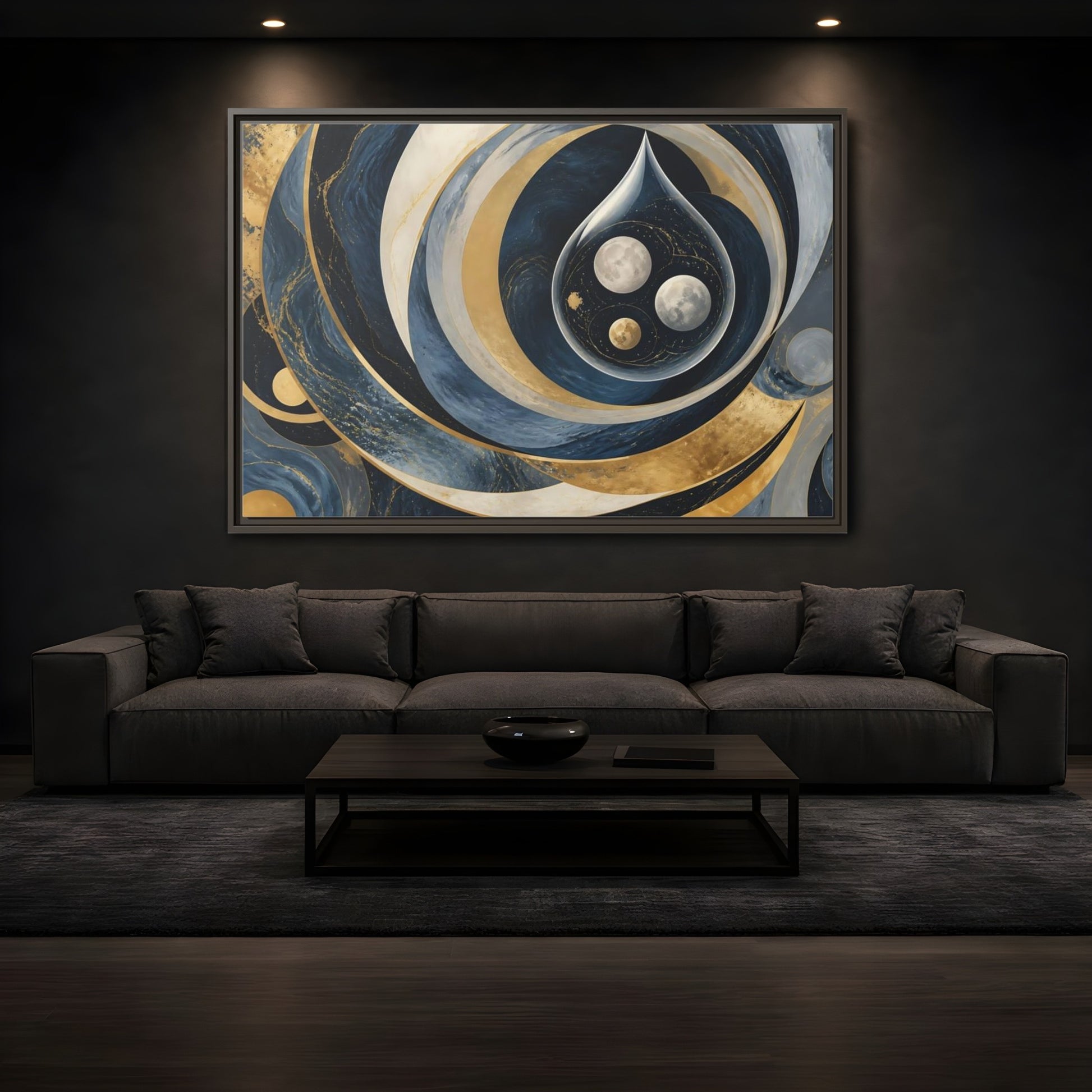 Mockup 3. Three Moons In Droplet shown as framed canvas print