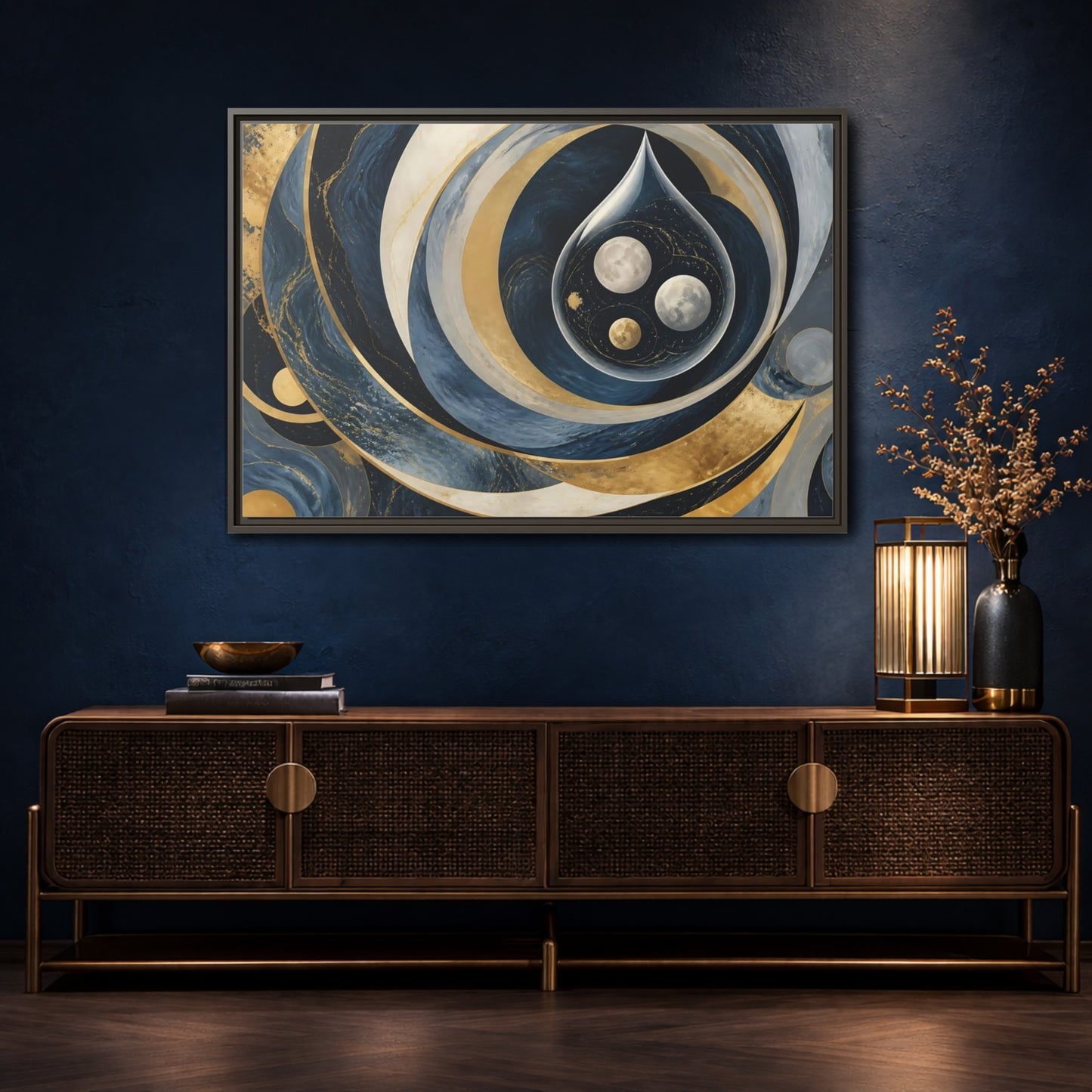 Mockup 4. Three Moons In Droplet shown as framed canvas print