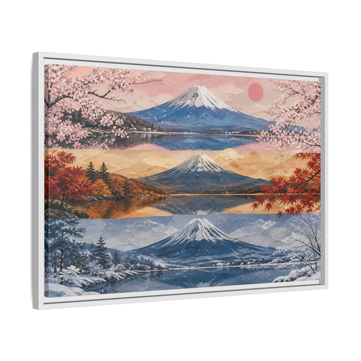 Side Mockup 10. Three Seasons Of Mount Fuji shown as framed canvas print