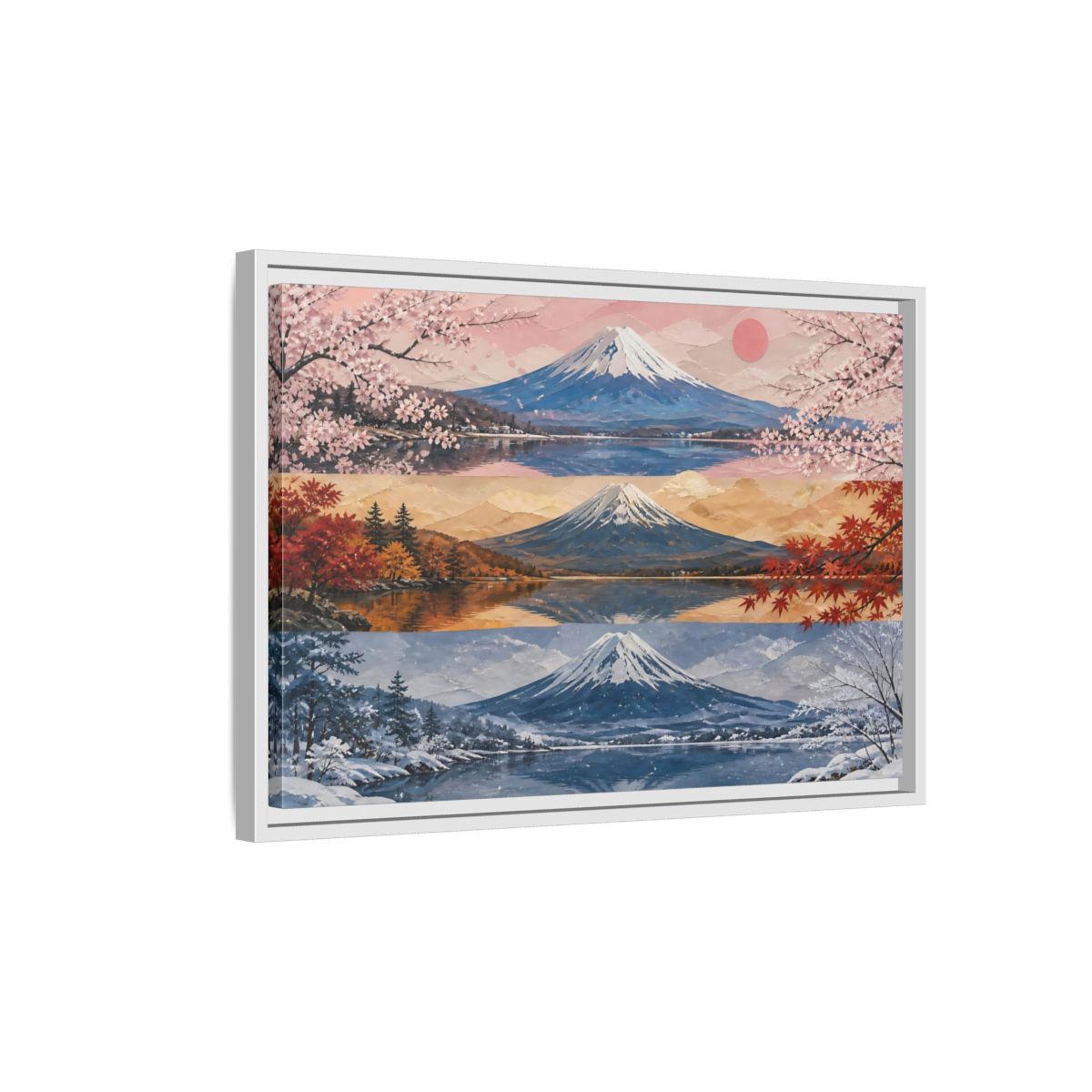 Side Mockup 1. Three Seasons Of Mount Fuji shown as framed canvas print